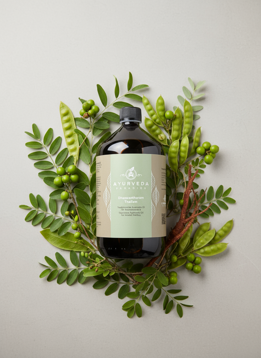 AYURVEDA-PARADIES Dhanwantharam Thailam (3-Dosha, Allround-Öl), Medizinal Glasflasche